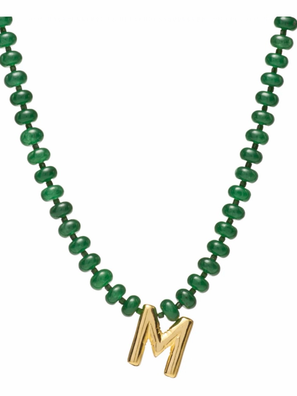 Mayamar Gold M Initial Necklace with‎ Dark Green Jade Beads
